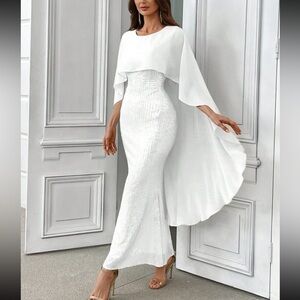 Elegant White Cape Sleeve Prom Dress